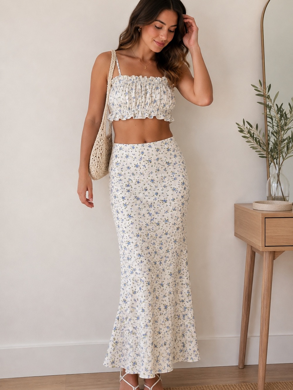 Wild fable blue floral 2 piece crop top &maxi skirt set